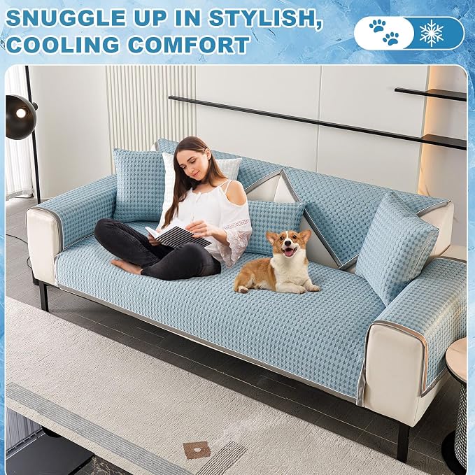 OTOB Cooling Couch Cover for Dogs Washable Non Slip Sofa Protector, 1 Piece | Luxury Cream, 35.4"x70.9", Premium Ice Silk Fabric, Modern Geometric, Soft, 3D Breathable, Pet Friendly Furniture Cover - Image 4