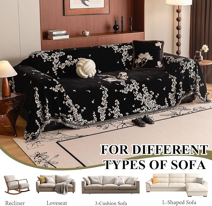 STACYPIK Retro Ginkgo Leaf Sofa Covers Washable Boho Aesthetics Black Couch Cover for 3 Cushion Couch with Tassels Pet Friendly Love Seat Slipcover for Sectional Couch Cover Throw Living Room-71X134IN - Image 7