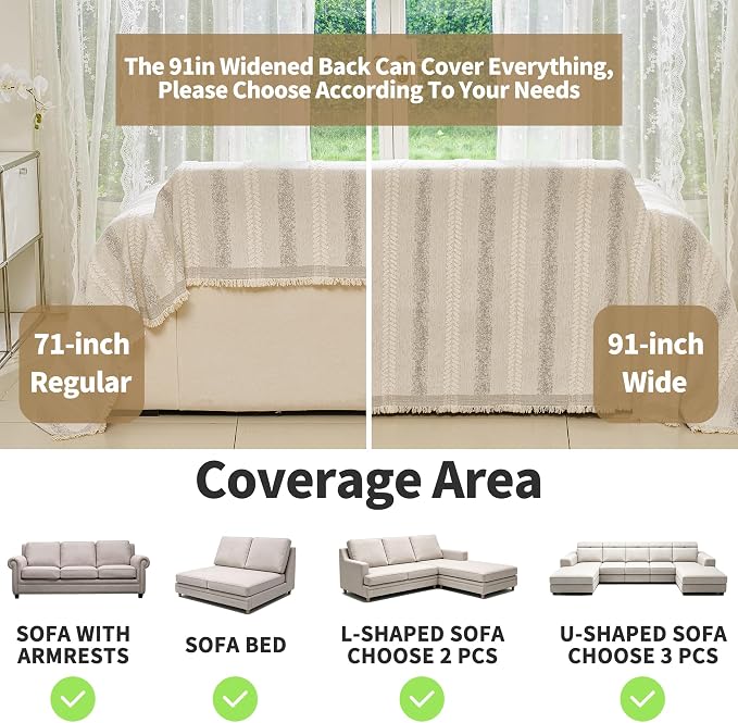 VANJOROY Couch Chair Cover, Armchair for 1 Cushion Couch, Washable Chenille Sofa Cover Protector Soft Sofa Slipcovers for Pets Dog with Tassel,71"x 91" Beige - Image 3