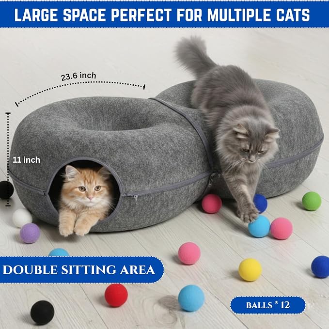 Trivon Peekaboo Cat Tunnels for Indoor Cats, Cozy Indoor 8-Shaped Donut Hideaway Bed with 12 Toy Balls, Bonus Bird Toy and Toy Gun, Scratch-Resistant, Detachable & Washable Design - Image 2