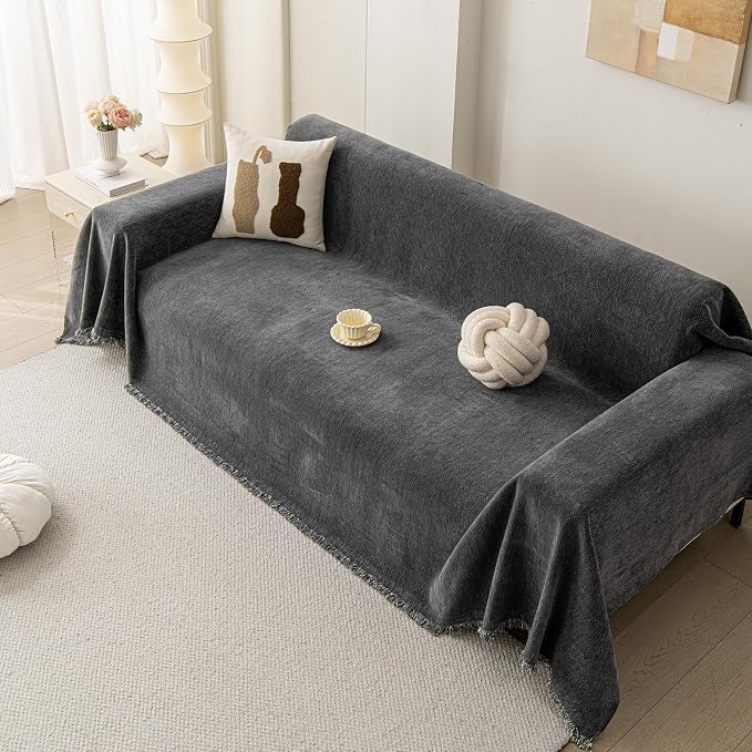 DREAMINGO Modern Chenille Couch Cover Blanket Washable Sofa Covers for 3 Cushion Couch Diamond Weave Textured Furniture Protector for Dogs Soft Dark Grey Couch Throw Cover, X-Large 71"x134" - Image 7