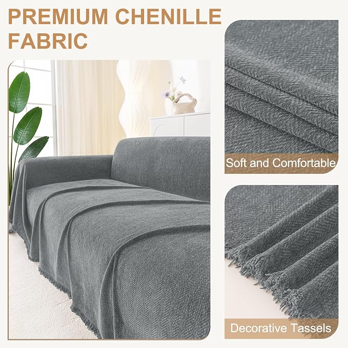 Smiry Couch Cover for Dogs, Chenille Sofa Covers for 3 Cushion Couch | Washable Soft Sofa Slipcover for Pets, Thick Sectional Furniture Protector with Tassels (Grey, 71x102 Inch) - Image 2