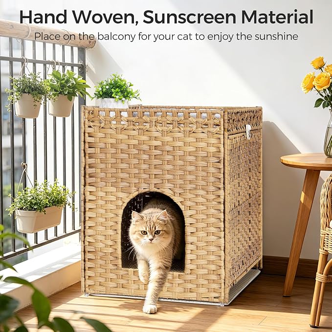 Cat Litter Box Enclosure with Door, Hidden Cat Washroom Furniture | Handwoven PP Wicker; Soft Litter Mat Included; Spacious Interior; Furniture-Style Design; Indoor Home Décor - Image 2