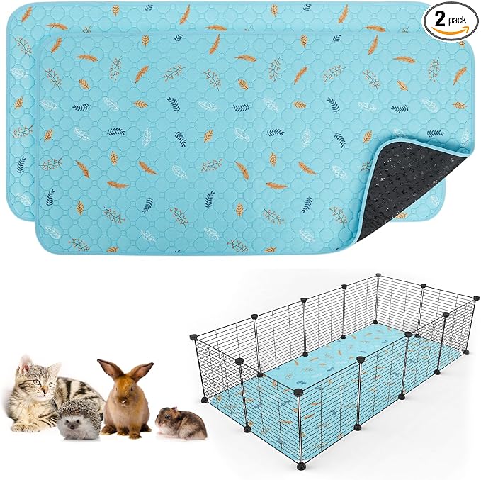 Sunheir 2 Pack Washable Guinea Pig Pee Pads, 24" x 48" Waterproof Reusable Guinea Pig Cage Liners, Absorbent Bedding Training Mat for Small Animal Guinea Pigs Rabbit Bunny Hamster - Sky Blue by SUNHEIR