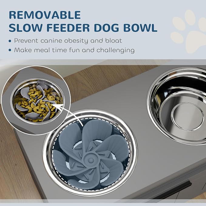 PawHut Elevated Dog Bowls Raised Dog Feeder with Storage Gray | 2 Stainless Steel Bowls, Slow Feeder Mat, Feeding Station, Large Extra Large Breeds - Image 3