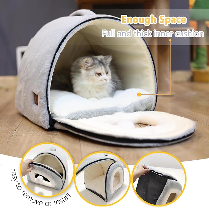 Cat Bed for Indoor Cats，Foldable cat cave，Anti-Slip & Water-Resistant Bottom，cat Houses for Indoor Cats or Small Dogs, Kitten Tent, Rabbit Bed，2 in 1 pet Bed (Grey) - Image 5