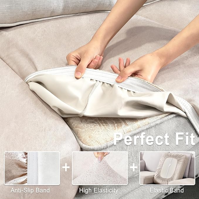 ANARACHON Leather Look Couch Cushion Covers Sofa Seat Slipcovers Sets Couches Furniture Protector for Sectional Armchair Loveseat Pets Kids Stretch Spandex Fabric (3 Cushion Sofa, Beige) - Image 4