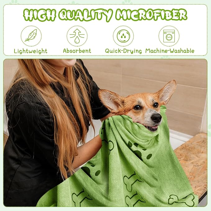 Tatuo 22 Pcs Dog Towels for Drying 20 x 40 Inch Pet Bath Towels Absorbent Microfiber Towel Quick Drying Puppy Bathing Supplies for Small Medium Large Dog Puppy Cat(Green,Bone Pattern) - Image 5