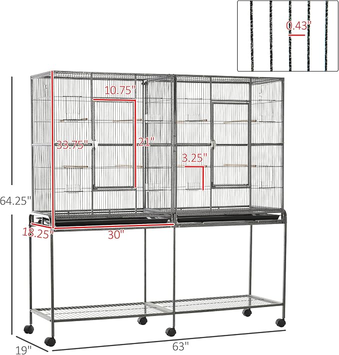 PawHut 65" Double Rolling Metal Bird Cage with Divider, Large Parrot Cage for Parakeet, Canaries, Lovebirds, Budgie, Finch, with Detachable Rolling Stand, Storage Shelf, Wood Perch & Food Container | for Parakeet, Canaries, Lovebirds, Budgie, Finch, De... - Image 7