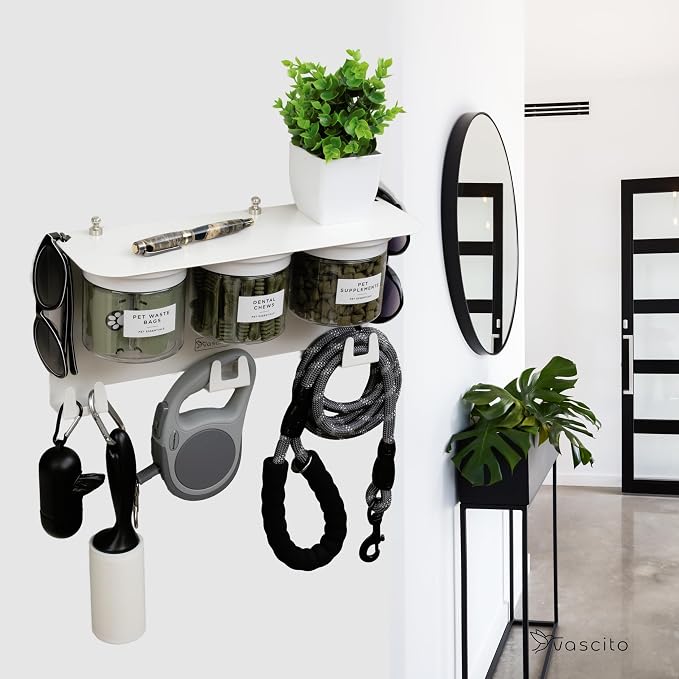 Dog Treat Holder For Wall Storage For Pets, Premium Pet Wall Organizer, Includes Three 16oz Airtight Dog Treat Jars, 3 Sets of Triple Hooks, Sturdy Shelf in Designer White - Image 8