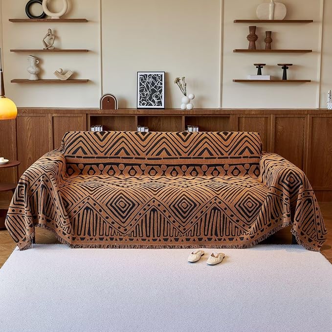VClife Boho Couch Covers Washable Sofa Cover for Sofa, Luxury Sectional Couch Cover Chenille for 3 Cushion Couch, Anti Slip Pet Sofa Slipcover Dog Couch Cover Throw, Black Pumpkin Geometry, 71"x134" by VCLIFE