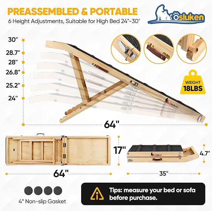 𝟐𝟎𝟐𝟔 𝐔𝐩𝐠𝐫𝐚𝐝𝐞𝐝 Dog Ramp for Bed, 64" Long Foldable Pet Ramp for Small Large Dogs, Dog Ramps for High Beds Car, High Traction with Platform 6 Adjustable Heights 24" to 30" Up to 220LBS Black