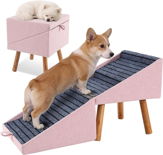 17.13" H Dog Stairs for Small Dogs, 2-in-1 Pet Steps & Ottoman - Foldable Dog Stairs for Couch, Non-Slip Wooden Pet Stairs for Puppy Senior Injured Dogs (Pink)