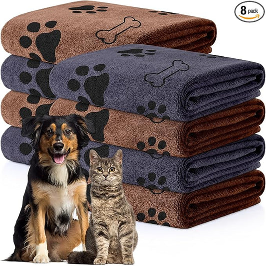 Chumia 8 Pcs Microfiber Dog Towels for Drying Dogs Cats 40 x 24 Inch Pet Towels Bulk for Large Puppy Absorbent Fast Drying Paw Bath Bathing Supplies for Pets(Dog Paw and Bone,Brown, Gray) by Chumia