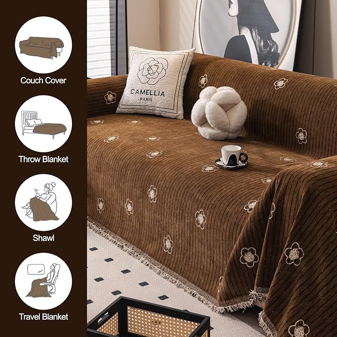 ROOMLIFE Boho Couch Covers Brown for 3 Cushion Sofa, Chenille Couch Cover Sectional Sofa Cover for Dog, Washable Furniture Sofa Protector Cover Soft Blanket with Tassel for Living Room, 71 '' X 118'' - Image 3