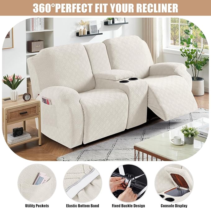 VANSOFY Recliner Loveseat Cover with Middle Console Stretch Reclining Sofa Slipcover for 2 Seat Jacquard Reclining Couch Sofa Covers Furniture Protector with Elastic Straps Bottom (Off White) | 4-Pieces, Soft Furniture Protector, Washable Slipcover wit... - Image 5