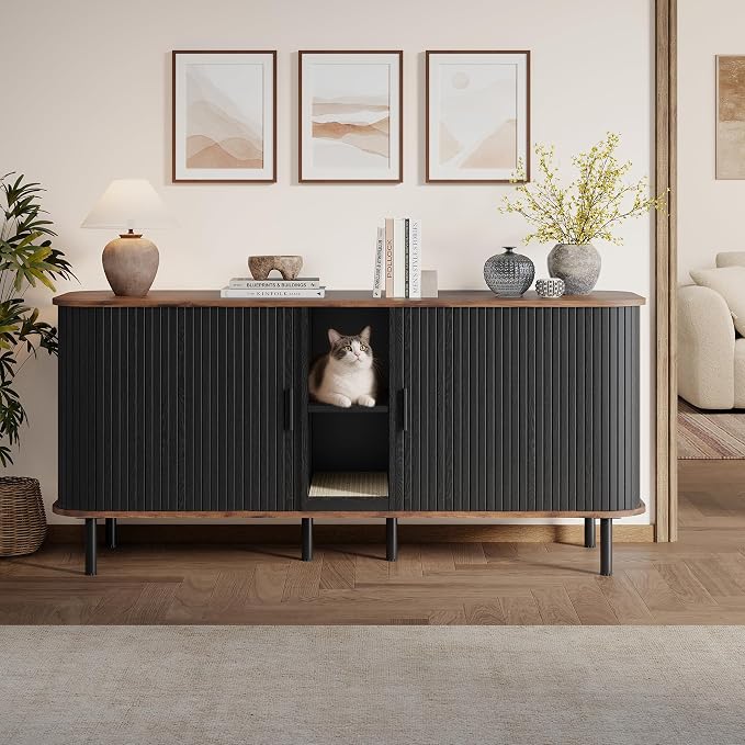 58" Double Cat Litter Box Enclosure, Large Hidden Litter Box Furniture for 2 Cats with Cat Scratch Pad, Wooden Modern Indoor Cat House with Double Room, TV Stand, Side Table, Black - Image 8