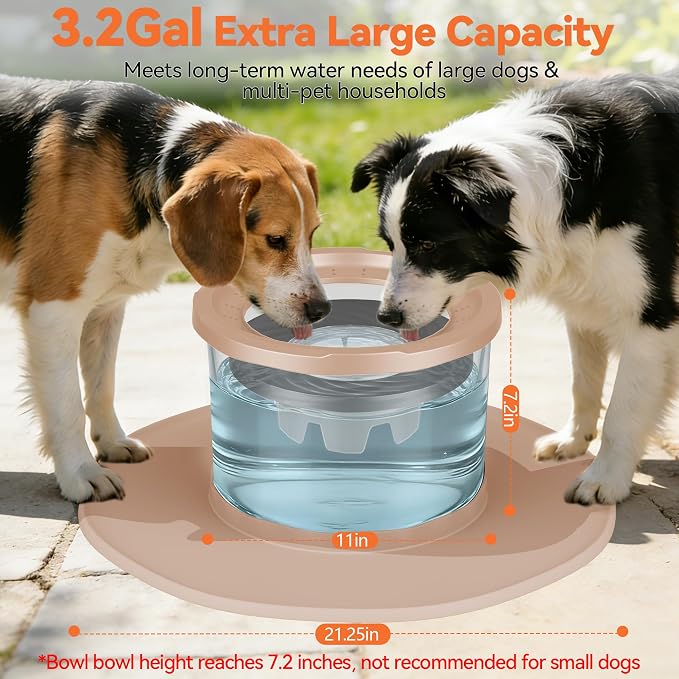 Decflow 12L No Spill Dog Water Bowl for Large Dogs, Stainless Steel Spill Proof Bowls with Suction Cup Anti-Skid Mat, Slow Feeder for Messy Drinkers, Heavy Duty Pet Bowls for Indoor/Outdoor Beige - Image 2