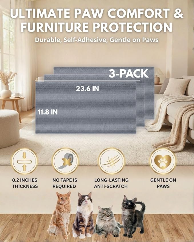 Corner & Wall Cat Scratch Mat (Grey, 23.6''x11.8'', 3-Pack), Self-Adhesive Trimmable Cat Scratcher, Wall Mounted Scratching Pad for Indoor Cats, Sofa Furniture Protector, Cat Post Cover Replacement - Image 6
