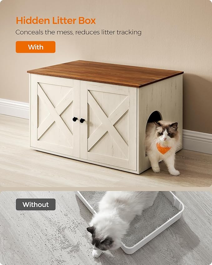 Feandrea Cat Litter Box Enclosure, Litter Box Furniture Hidden with Removable Divider, Indoor Cat House, End Table, 31.5 x 20.9 x 19.7 Inches, Honey Brown and Rustic White UPCL002P01 - Image 5