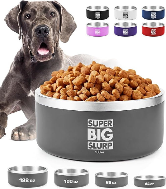 Tuff Pupper Heavy Duty Insulated Dog Bowl | Double Wall Stainless Steel Dog Food Dish | Non-Slip Spill Proof Dishwasher Safe Cat Bowl | Water Dish for Feeding Large Medium Small Pets (188oz, Grey) by TuffPupper