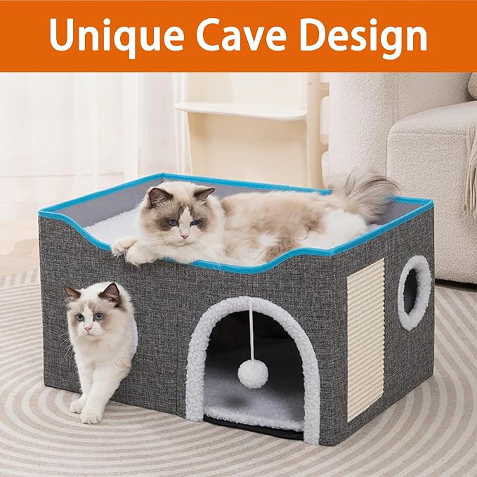 Loyareal Cat Houses for Indoor Cats - Large Cat Bed Cave with Scratch Pad and Fluffy Ball, Foldable Cat Condo Hideaway with Reversible Cushion for Multi Small Pet, Light Grey - Image 2
