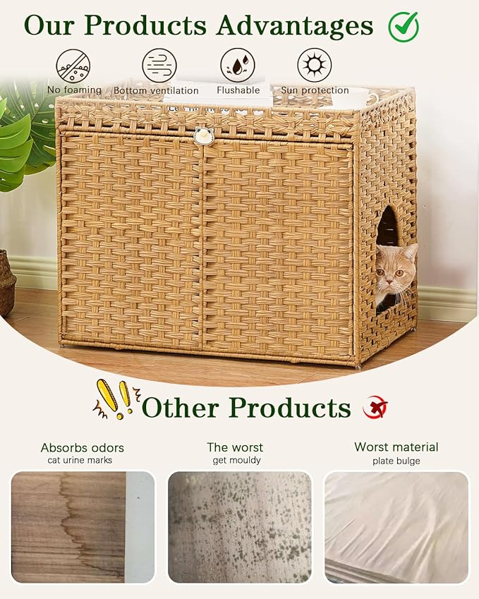 SETVSON Cat Litter Box Enclosure Furniture, Handwoven Rattan Hidden Litter Box with Mat, Large Space Cat House with 2 S-Shaped Hooks 30.3 x 18.3 x 24.4 Inches, Indoor for Living Room Apartment Natural - Image 3