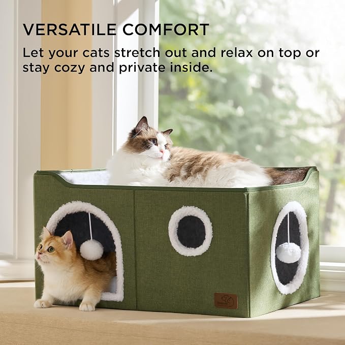 Bedsure Extra Wide Cat House Bed with Fluffy Ball and Scratch Pad | Loden Green,23.6x16.9x13 in,Indoor Cat Cave for Multiple Pets, Foldable Cat Hideway Cube for Sleeping Large Cat and Kitten - Image 4