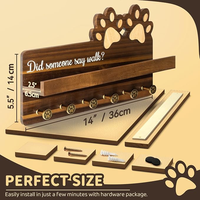 MTERSN Dog Leash Holder for Wall with Shelf – Wooden Key Holder Wall Mount with 6 Hooks & Floating Shelf – Cute Farmhouse Home Decor for Entryway, Living Room, Kitchen Decor(Dark Acacia) - Image 2