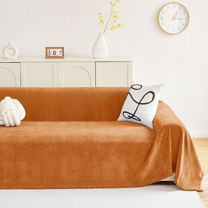 hyha Couch Cover for Dogs, Boho Chenille Sofa Cover for 3 Cushion Couch | Anti-Scratch Washable Sofa Slipcover, Loveseat Sectional Couch Throw Blankets with Tassels (Orange, 88.5x150 Inch) - Image 2