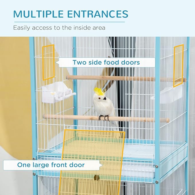 PawHut Large Bird Cage 1.7 ft. Width for Wingspan 55", Light Blue | Bird Aviary Indoor, Multi-Door Design, Fit for a Canary, Finch, Conure - Image 4