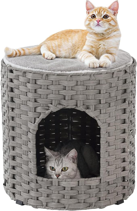 SETVSON Cat House for Indoor Cat, Large Double Cat Houses Cat Bed, Gray | Handwoven PE Rattan Bed Cave with One Soft Pad, Spacious 17 x 17 x 17 In Foldable Kitten Hideaway, Easy to Clean by SETVSON