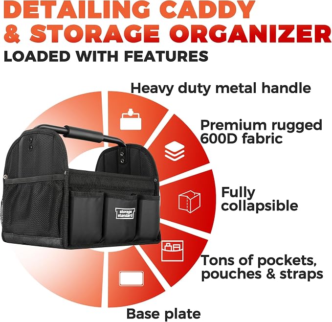Detailing Caddy Organizer with Handle - Storage, Cars, & Cleaning Caddy for Supplies, Tools, & Home Improvement - Heavy Duty Car Detailing Supplies With Multi-Pockets & Collapsible Tote Design - Image 2