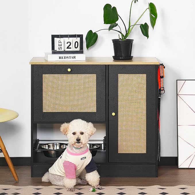 Feeding Station with 2 lockers, pet Feeding Station with 2 Elevated Dog Bowls, Side Hooks, Anti-Tipping kit, Hidden pet Feeding Station for Feeding and Watering, Rattan Door, Black - Image 9