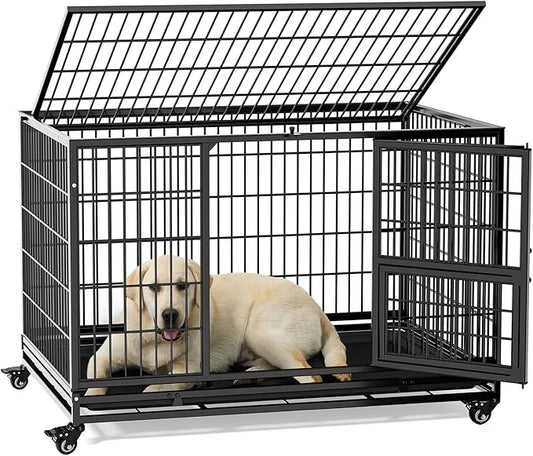 Gardner Pet 43 Inch Heavy Duty Dog Crate with Wheels, Folding Metal Dog Cage for Small/Medium and Large Dogs, Indestructible Dog Crate with Removable Tray (Black)