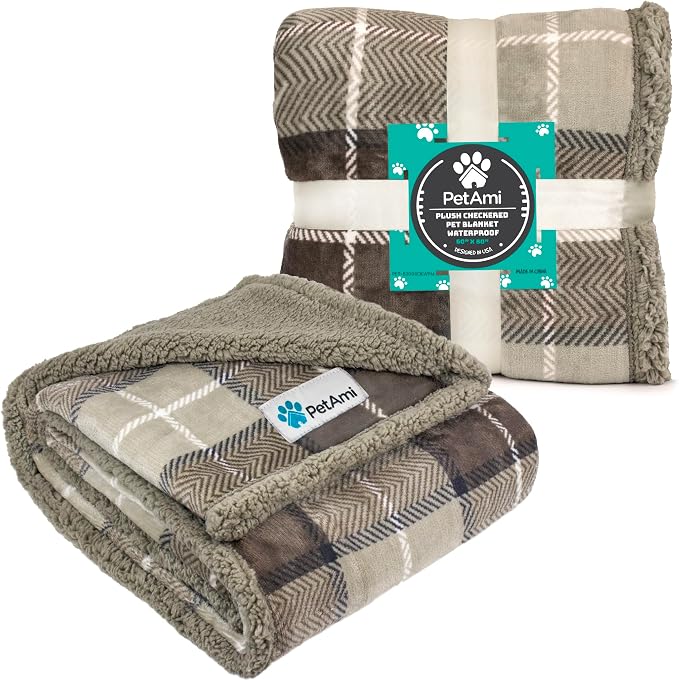 PetAmi Waterproof Dog Blanket for Couch, Pee Proof Sherpa Fleece Reversible Pet Throw, Furniture Protector for Bed Sofa Kennel, Soft Washable Cover for Small Medium Dog Puppy Cat, 29x40 Plaid Taupe - Image 7