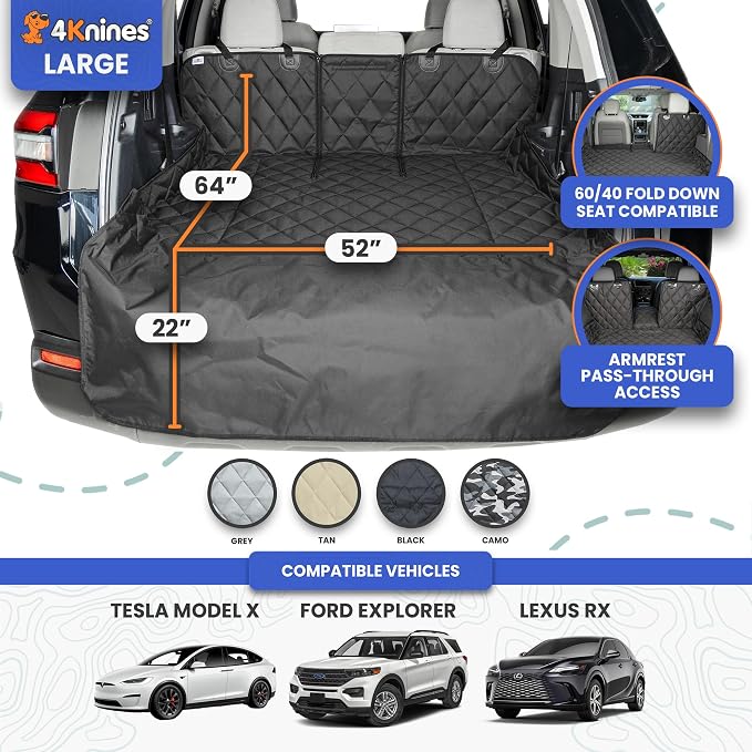 4Knines Split Cargo Liner for SUV – For Dogs & Pets, Heavy-Duty, Waterproof Trunk Mat & Cargo Cover – Fits 60/40 Split Bench & Armrest Pass-Through – Machine Washable, Non-Slip, Durable (Large, Black) - Image 3