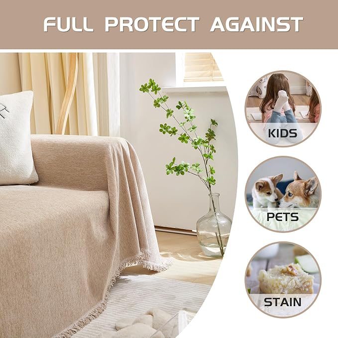 MEETSKY Sofa Cover Couch Covers for 2 Cushion Couch Sofa, Washable Couch Cover Blanket with Tassel for Living Room Sectional Sofa Slipcovers for Dogs Large Couch Protector, 71" x 118", Khaki - Image 5