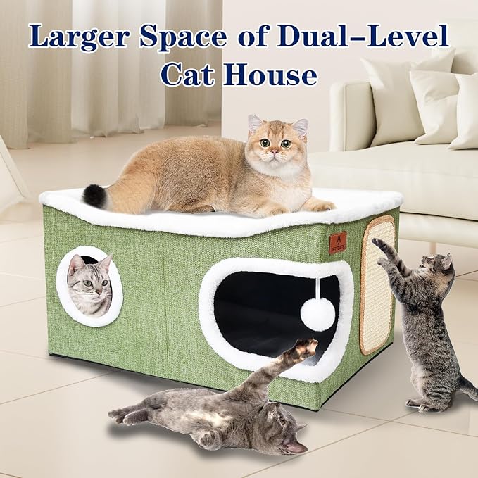 Extra Large Cat Beds for Indoor Cats, Covered Cat Cave Beds & Furniture with Scratch Pad and Fluffy Ball, Foldable Condo Hideaway with Reversible Cushion for Multi Small Pet Large Kittens, Green - Image 4