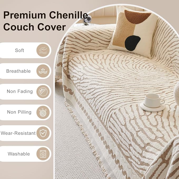 ROOMLIFE Thicked Striped Couch Cover with Tassel Khaki Chenille Sofa Cover Blanket for Sectional Sofa, Soft Sofa Slipcovers for L Shaped Love Seat 2-3 Cushion Couch Anti Slip Sofa Protector, 71"x150" - Image 6