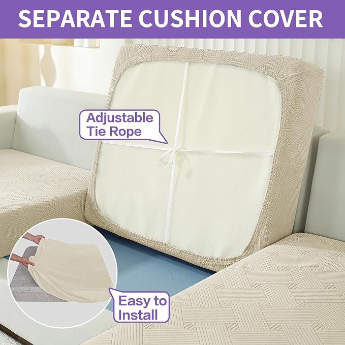 ZNSAYOTX 4 Piece Stretch XL-Sofa Covers (91"-110") for 3 XL Cushion Couch, Thick Couch Cover with Elastic Band Bottom Ties Non-Slip Stay in Place, Soft Durable Oversized Slipcovers, Khaki - Image 4