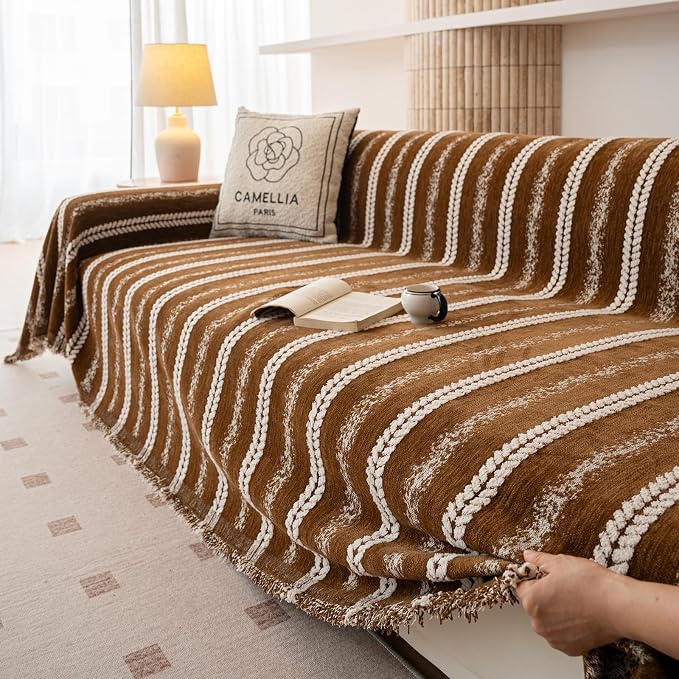 VClife Sofa Cover Bohemian Striped Pattern Couch Cover for Oversized Sofa - Caramel Brown Creamy White Textured Sofa Slipcover Washable Furniture Protector for Couch Decorative Couch Cushion Cover - Image 7
