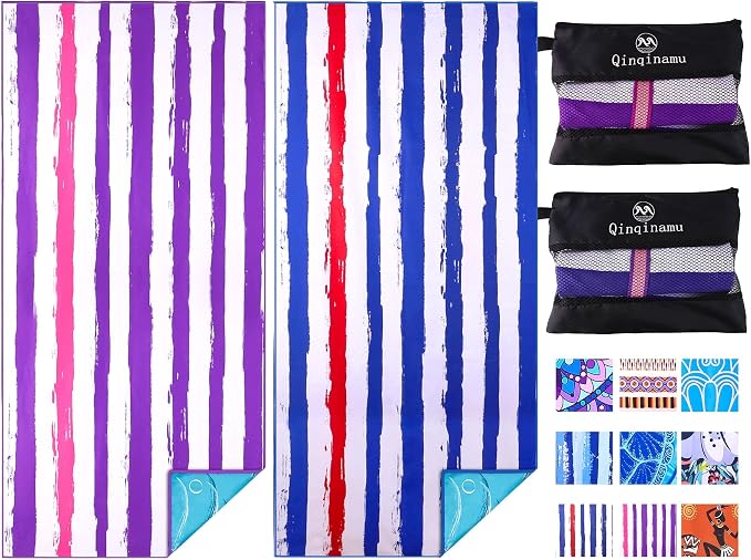 2 Pack Microfiber Oversized Lightweight Beach Towel 71"x32" XL Extra Large Thin Sand Free Towels Travel Swim Pool Yoga Gym Camping for Adults Women Men Beach Essentials Accessories Vacation Gift by Qinqinamu