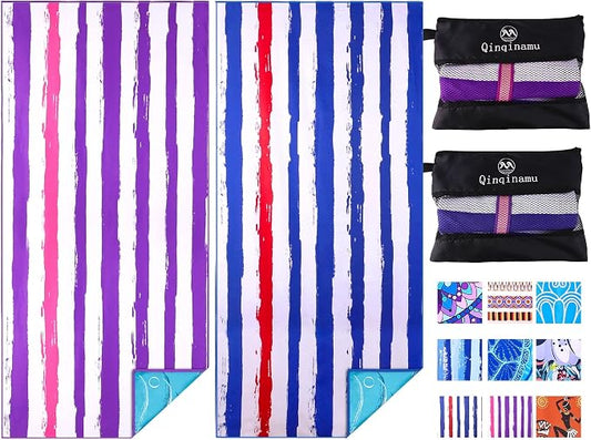 2 Pack Microfiber Oversized Lightweight Beach Towel 71"x32" XL Extra Large Thin Sand Free Towels Travel Swim Pool Yoga Gym Camping for Adults Women Men Beach Essentials Accessories Vacation Gift by Qinqinamu