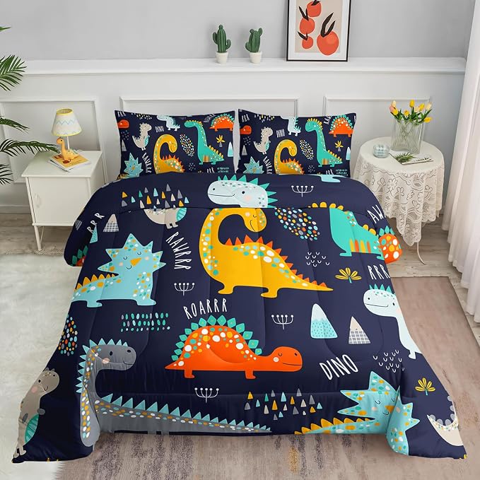 Cartoon Dinosaur Comforter Set Dark Blue Printed Bedding Set with 1 Comforter and 2 Pillowcases for Boys and Girls Bedroom All Season(Dinosaur Twin) by SmellSunshine