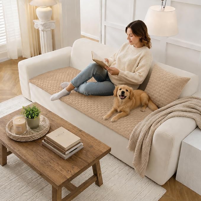 Warmstar Waterproof Couch Cover for Dogs Washable,Brick Pattern Short Plush Pet Couch Covers for Sofa,Soft Sofa Cover Non-Slip for 3 Cushion Couch Sofa Pet Friendly (Khaki, 27.6" x 70.9") - Image 2
