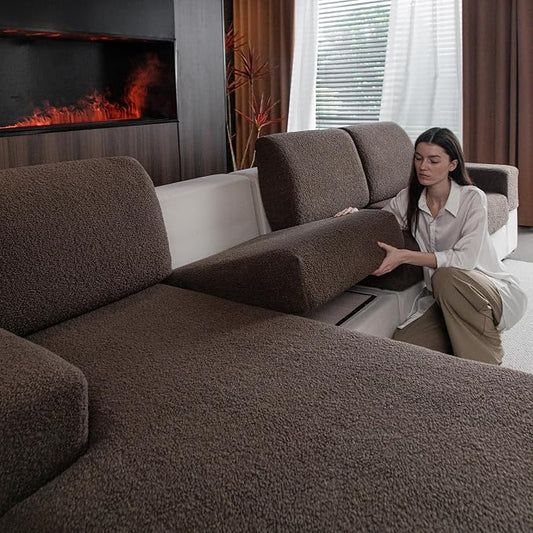 OHSIO Couch Cushion Covers for Sectional Sofa, Stretch Soft Sofa Slipcovers Washable Wear-Resistant Universal Furniture Protector for Living Room(3 Seaters Covers+1 Chaise Cover, Brown) by OHSIO