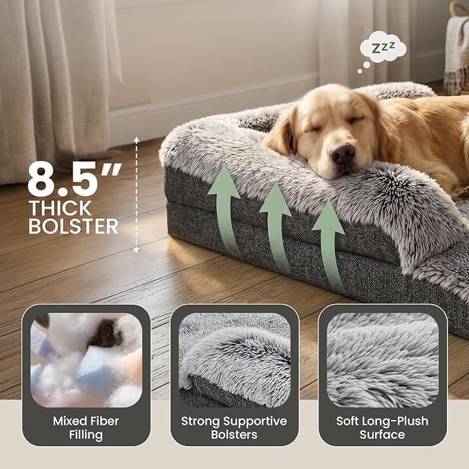 Corner Dog Bed XL, 42" Calming Fluffy Orthopedic Pet Beds, Grey | Space saving plush corner nest,egg-crate foam, washable cover, waterproof liner, non-slip bottom and bolsters for large dogs - Image 4