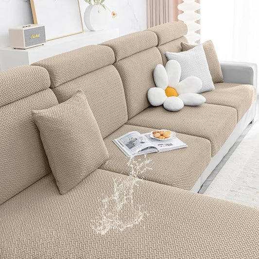 Smiry Waterproof Couch Cushion Covers, L Shape Sectional Couch Covers | Stretch Jacquard Chaise Lounge Sofa Slipcover, Washable Elastic Furniture Protector for Pets, Chaise XL, Camel by Smiry