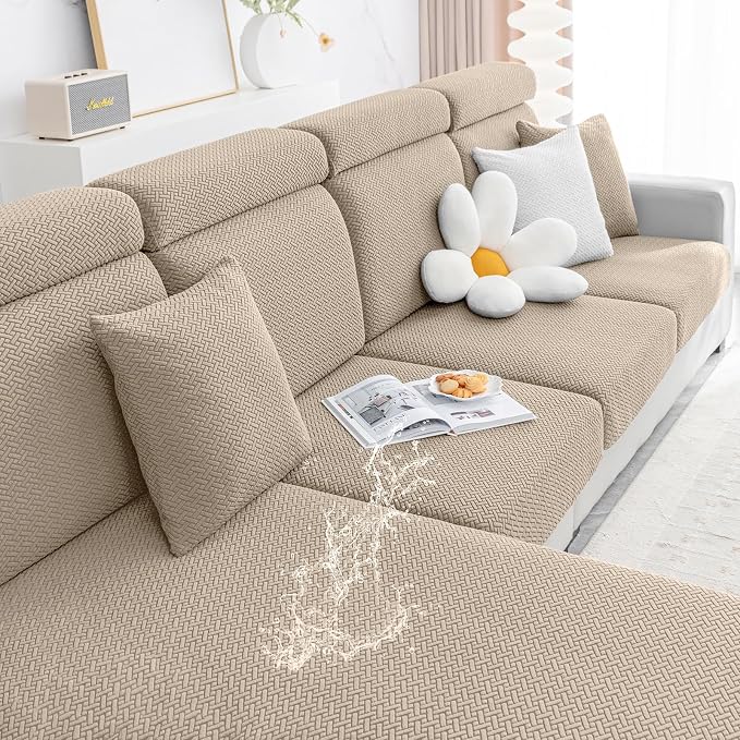 Smiry Waterproof Couch Cushion Covers, L Shape Sectional Couch Covers | Stretch Jacquard Chaise Lounge Sofa Slipcover, Washable Elastic Furniture Protector for Pets, Chaise XL, Camel by Smiry
